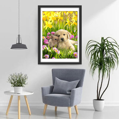 Chiot Golden Retriever, Petit Lapin et les Fleurs Broderie Diamant