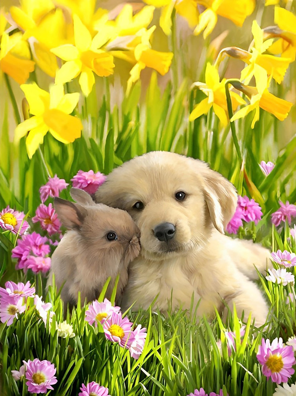 Chiot Golden Retriever, Petit Lapin et les Fleurs Broderie Diamant
