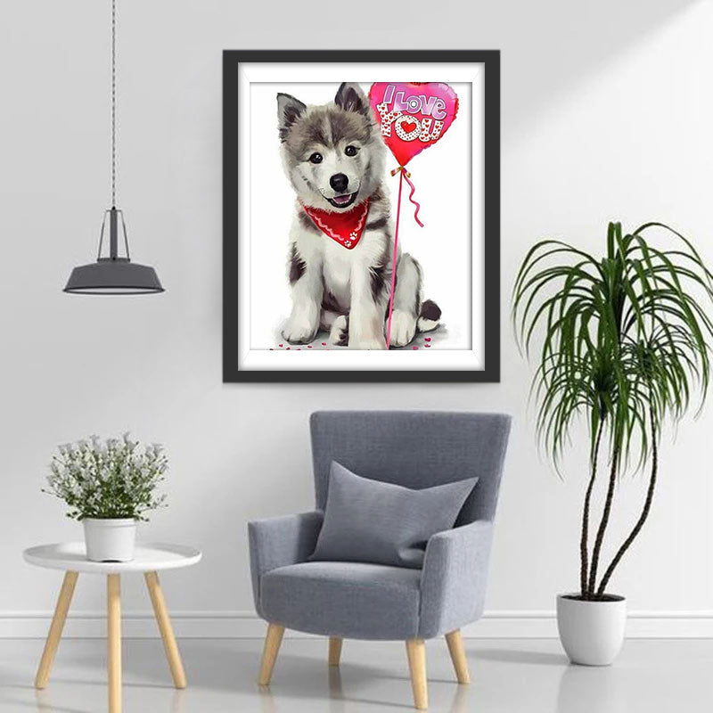 Chiot Husky et Ballonnet en Forme de Coeur Broderie Diamant