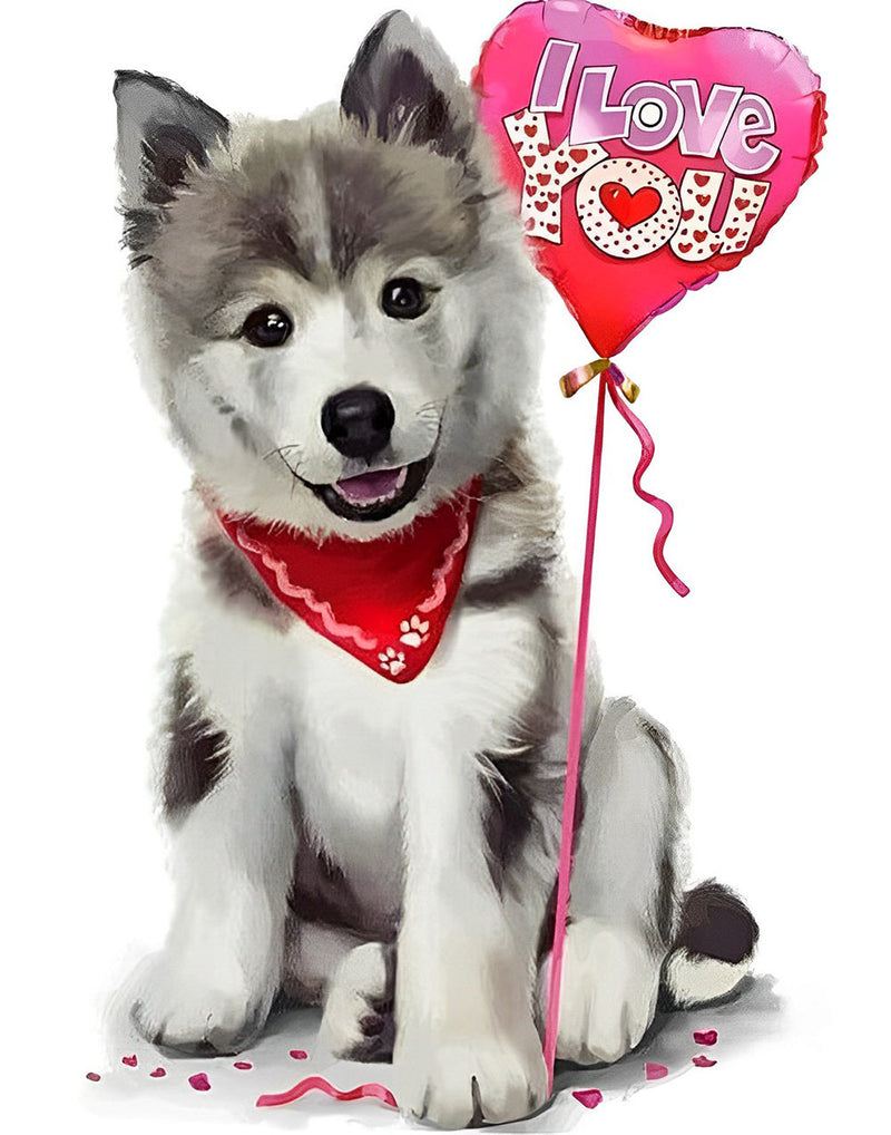Chiot Husky et Ballonnet en Forme de Coeur Broderie Diamant