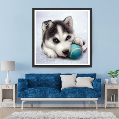 Chiot Husky Jouant au Tennis Broderie Diamant