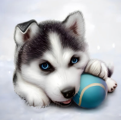 Chiot Husky Jouant au Tennis Broderie Diamant