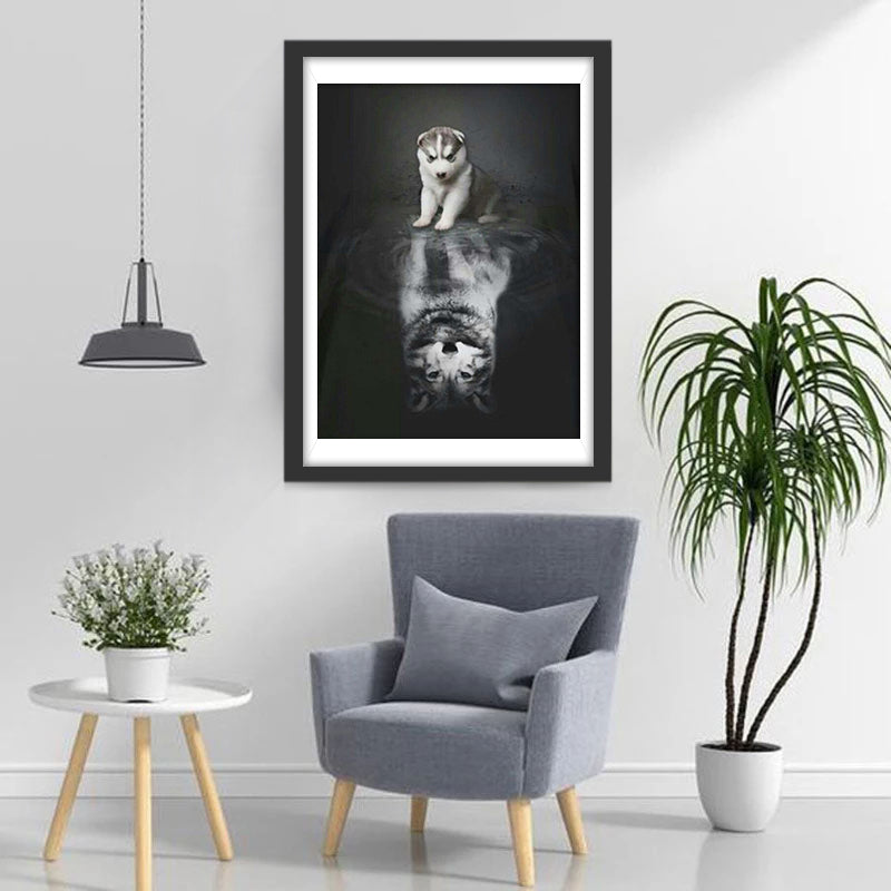 Chiot Husky Siberien et Loup dans le Reflet Broderie Diamant
