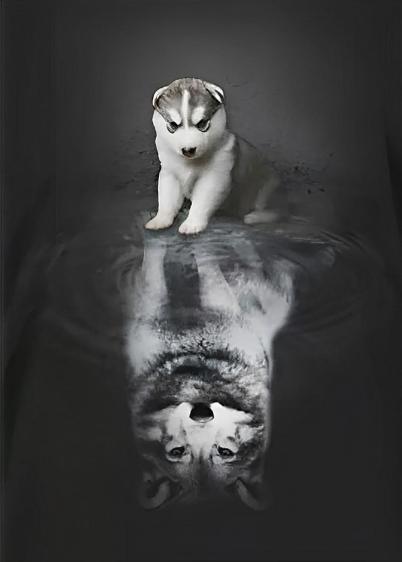 Chiot Husky Siberien et Loup dans le Reflet Broderie Diamant