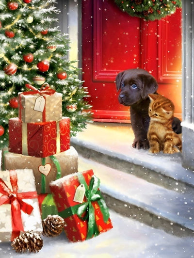 Chiot Noir et Chaton Orange Regardant les Cadeaux sous le Sapin de Noël Broderie Diamant