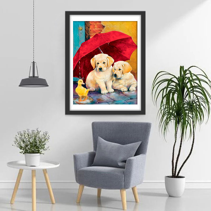 Chiots Golden Retriever et Petit Canard Broderie Diamant