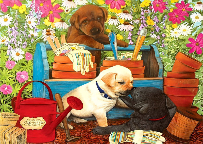 Chiots Jouant dans le Jardin Broderie Diamant