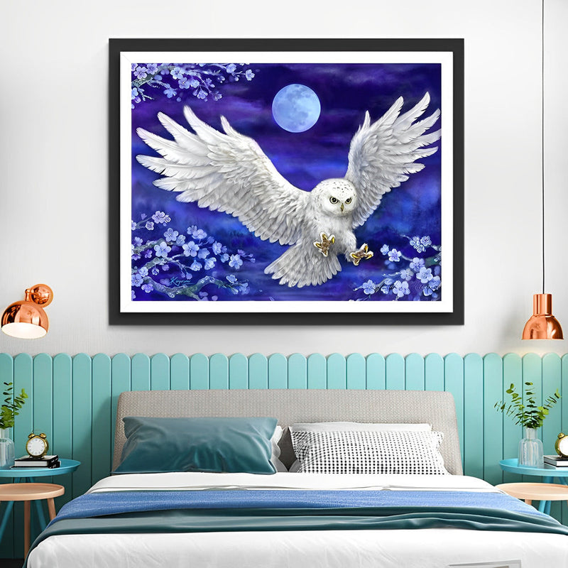 Chouette Harfang Volant et les Fleurs Bleues Broderie Diamant