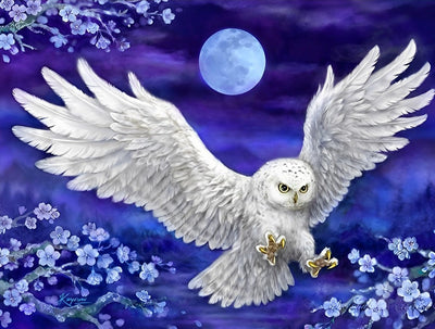 Chouette Harfang Volant et les Fleurs Bleues Broderie Diamant