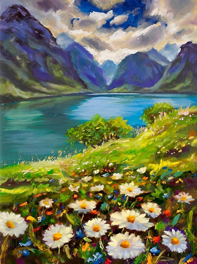 Chrysanthèmes avec Paysage de Ruisseau et Montagne Broderie Diamant