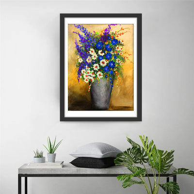 Chrysanthèmes Blancs et Bleus avec des Lilas Broderie Diamant