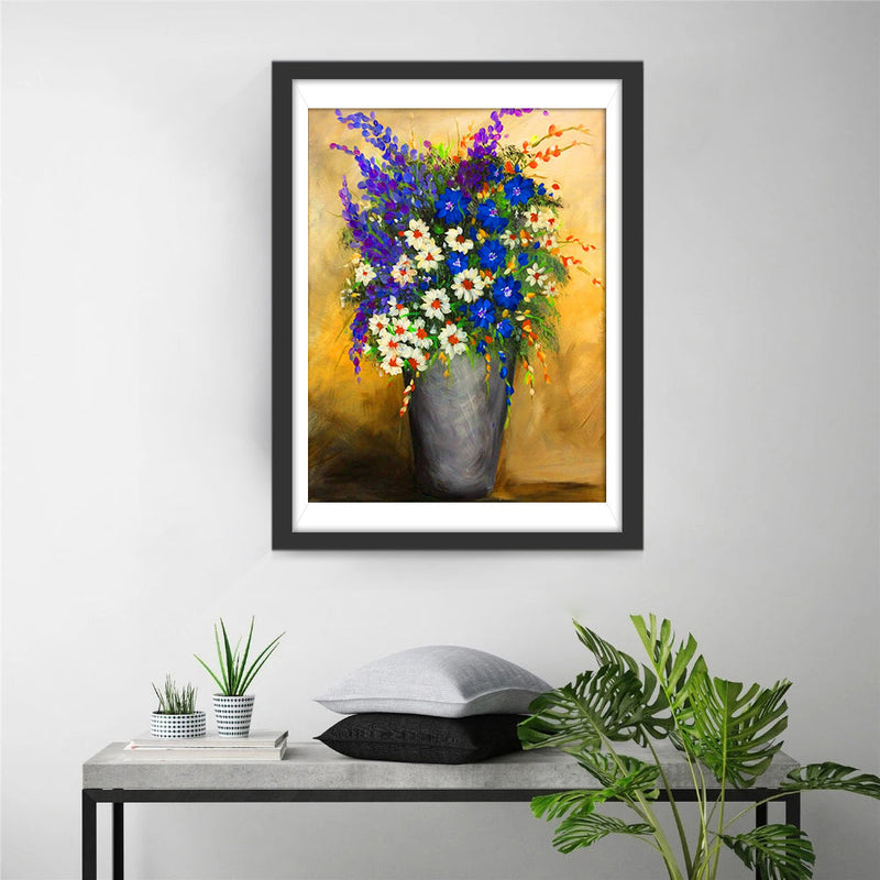 Chrysanthèmes Blancs et Bleus avec des Lilas Broderie Diamant