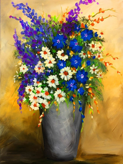 Chrysanthèmes Blancs et Bleus avec des Lilas Broderie Diamant