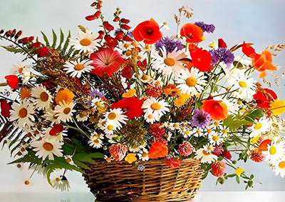 Chrysanthèmes Blancs et Coquelicots Rouges Broderie Diamant