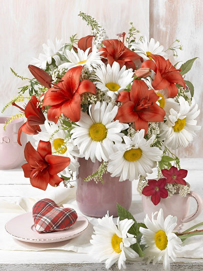 Chrysanthèmes Blancs et Lis Rouges Broderie Diamant