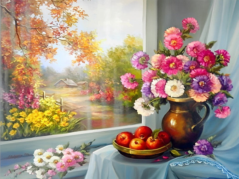 Chrysanthèmes Multicolores et Pommes Broderie Diamant