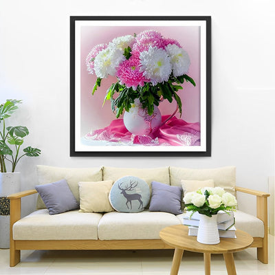 Chrysanthèmes Roses et Blanches Broderie Diamant