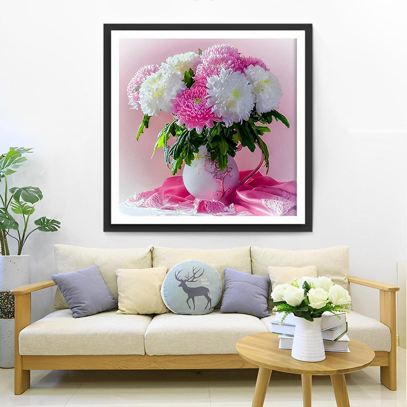 Chrysanthèmes Roses et Blanches Broderie Diamant
