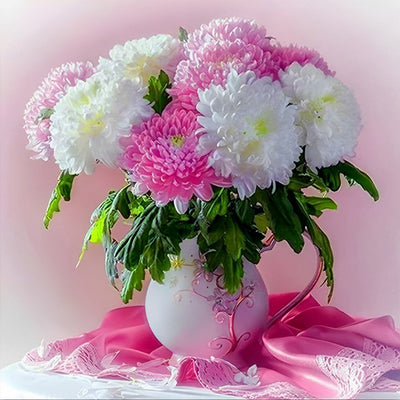 Chrysanthèmes Roses et Blanches Broderie Diamant