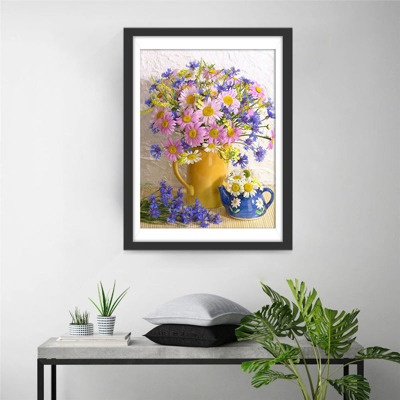 Chrysanthèmes Roses et Violets Broderie Diamant