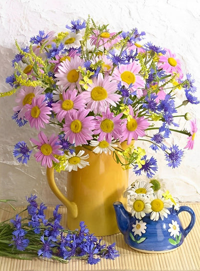 Chrysanthèmes Roses et Violets Broderie Diamant