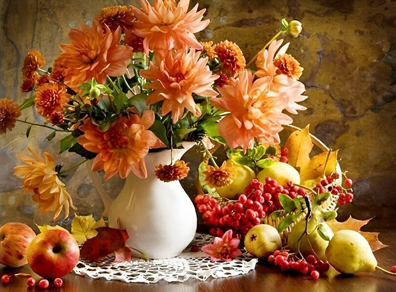 Chrysanthèmes Roses-Oranges et les Fruits Broderie Diamant