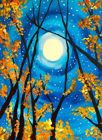 Ciel Etoilé et Arbre avec des Feuilles Oranges Broderie Diamant