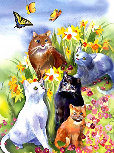 Cinq Chats dans le Massif de Fleurs Broderie Diamant