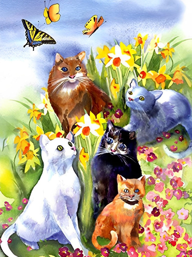 Cinq Chats dans le Massif de Fleurs Broderie Diamant