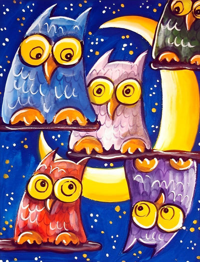 Cinq Hiboux Abstraits et la Lune Broderie Diamant