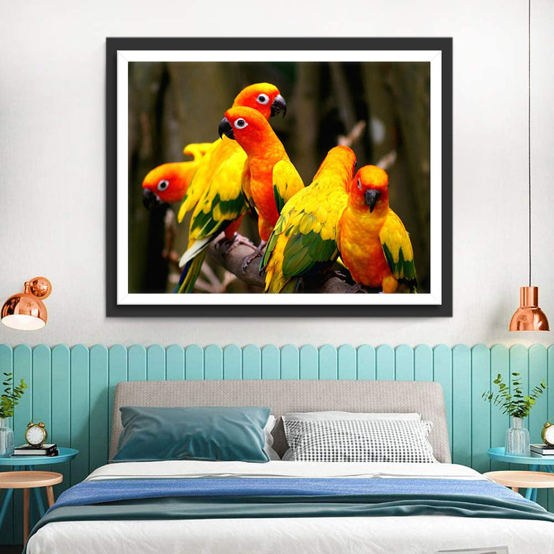 Cinq Perroquets en Couleurs Rouge, Jaune et Vert Broderie Diamant