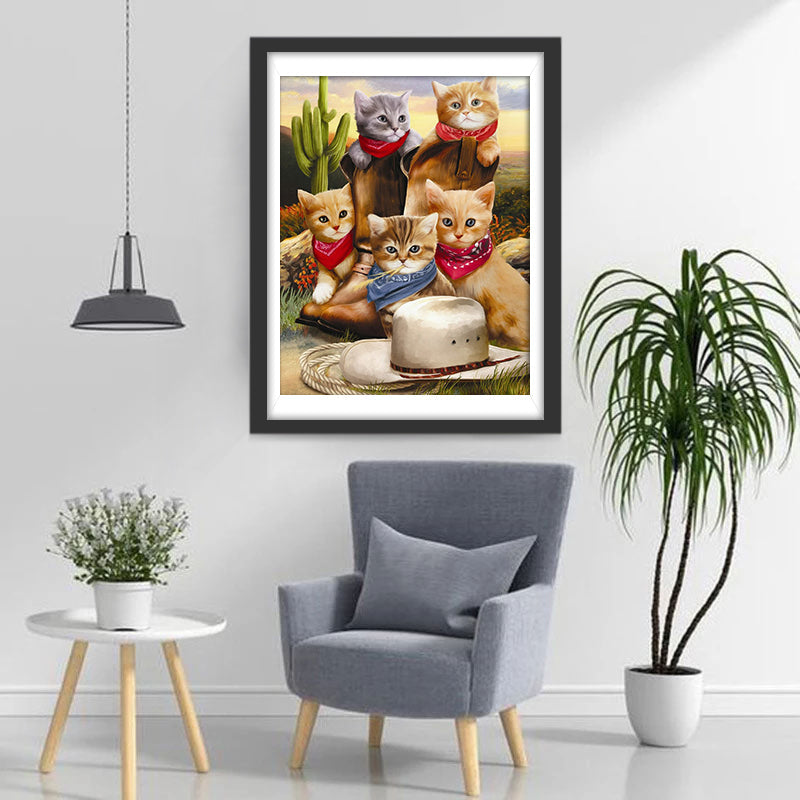 Cinq Petits Chats Cow-Boys Broderie Diamant