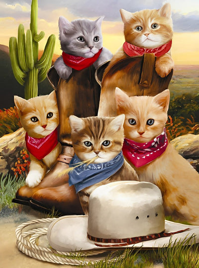 Cinq Petits Chats Cow-Boys Broderie Diamant