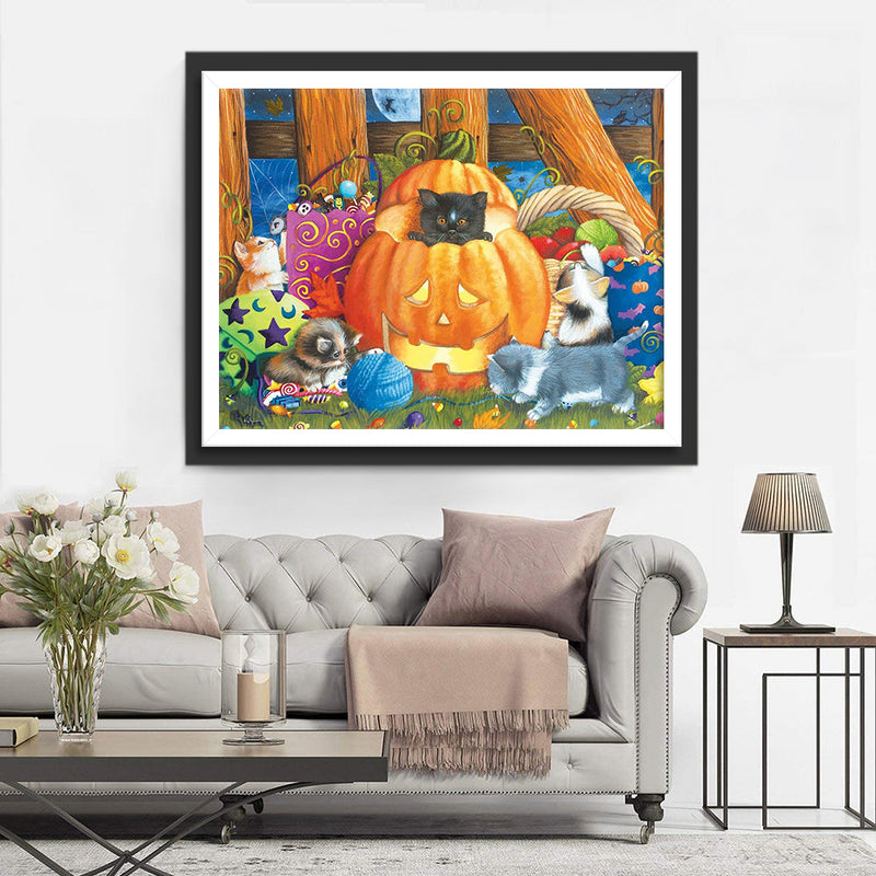 Citrouilles et Chatons de Halloween Broderie Diamant