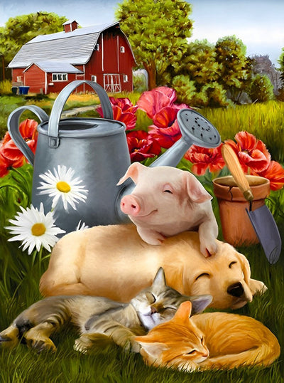 Cochon, Chatons et Chiot Broderie Diamant