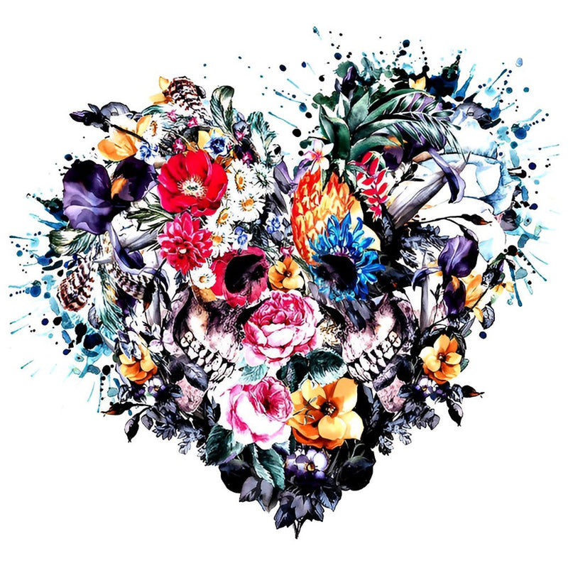 Coeur de Crânes et Fleurs Broderie Diamant