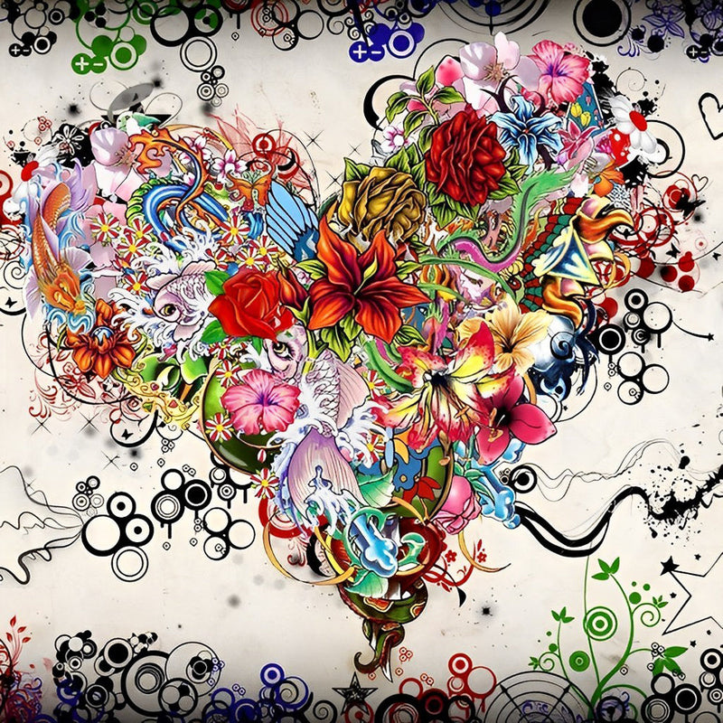 Coeur de Fleurs Variées Broderie Diamant