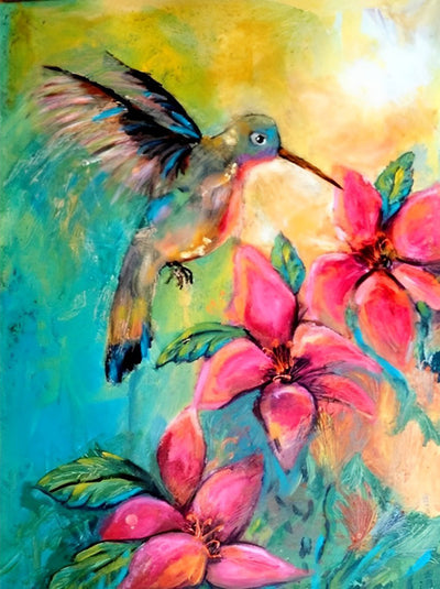 Colibri et Fleurs de Peiture à l'Huile Broderie Diamant