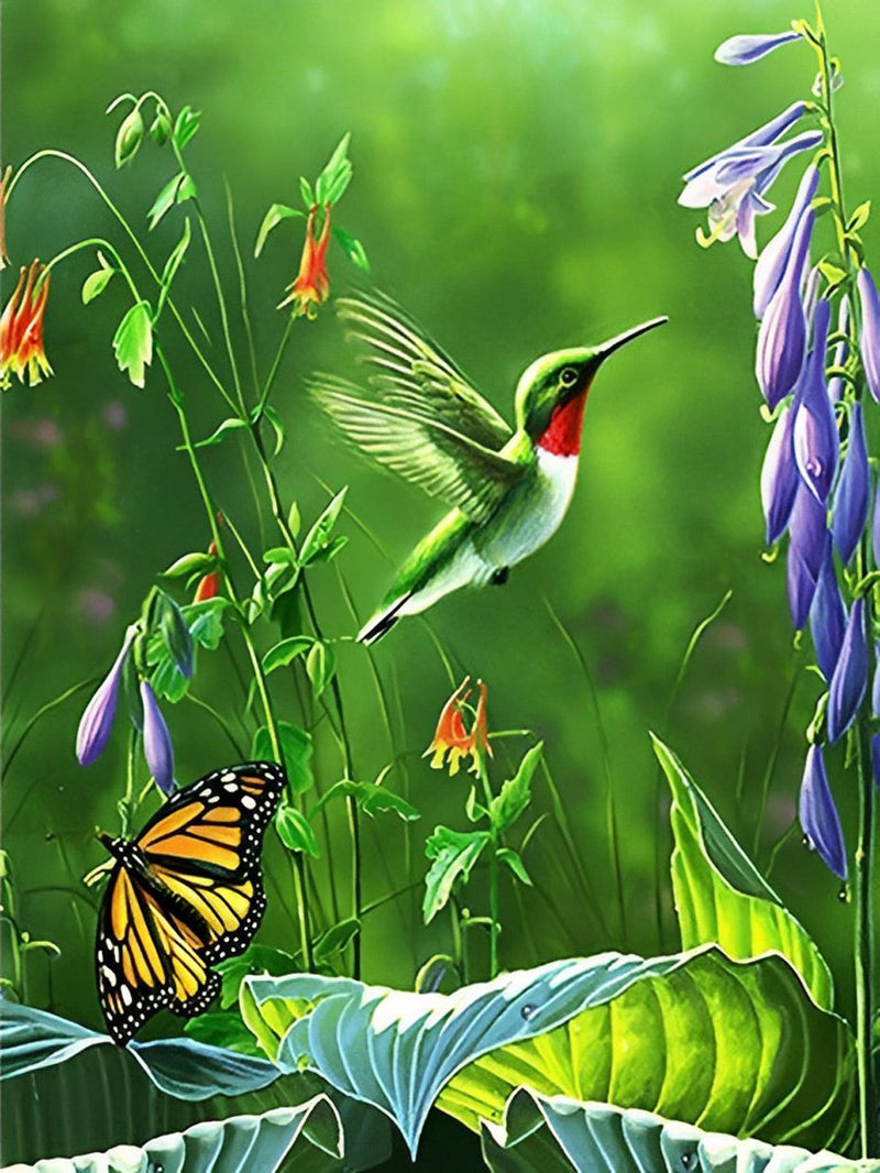 Colibri, Fleurs et Papillon Broderie Diamant