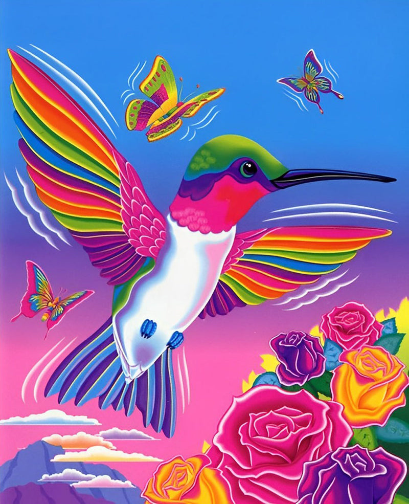 Colibri, Papillons et Fleurs Colorés Broderie Diamant