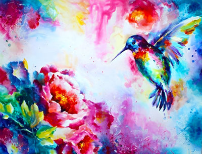 Colibri Volant et Fleur Multicolores Broderie Diamant