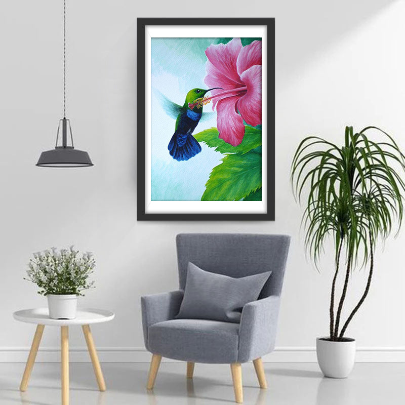 Colibri Volant et Grande Fleur Rose Broderie Diamant