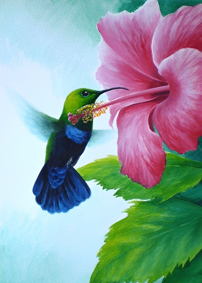 Colibri Volant et Grande Fleur Rose Broderie Diamant