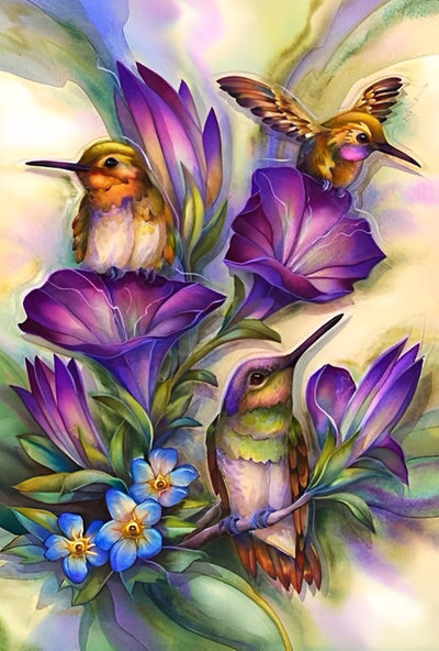 Colibris et Fleurs Violettes et Bleues Broderie Diamant