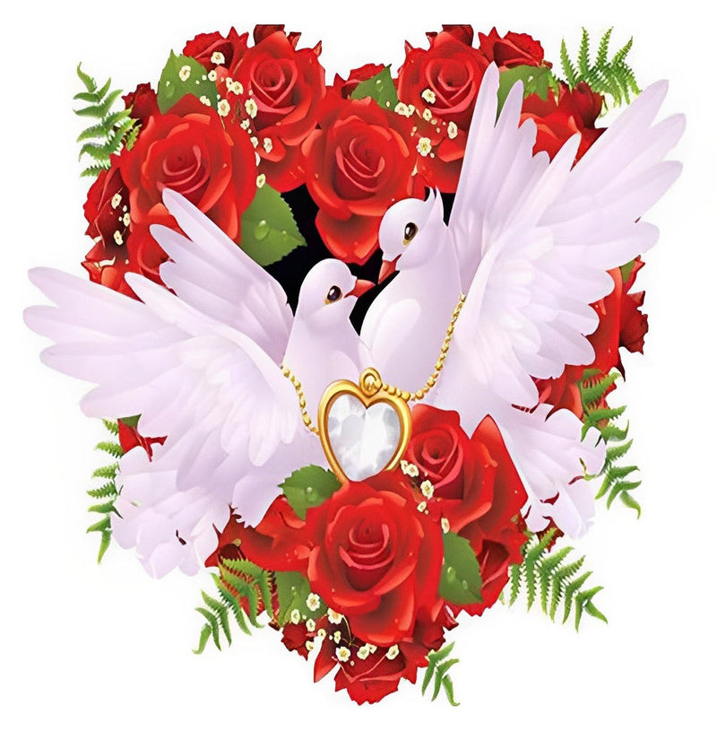 Colombes Couple avec une Couronne de Roses Rouges Broderie Diamant