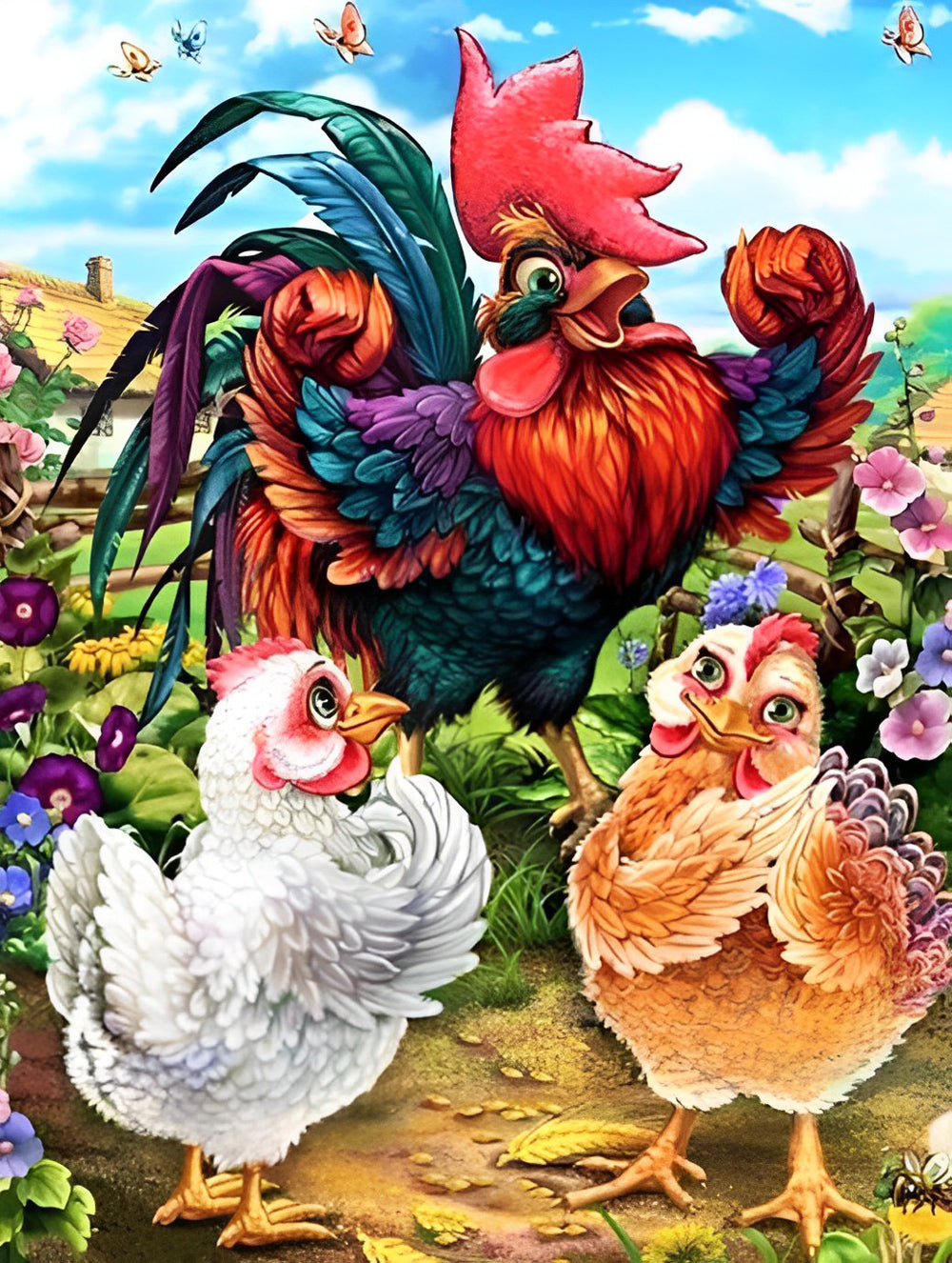 Coq et Poules Broderie Diamant