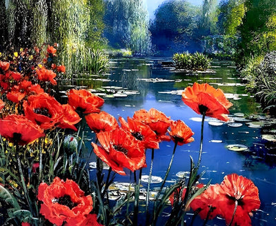 Coquelicots Rouges au Bord de la Rivière Broderie Diamant