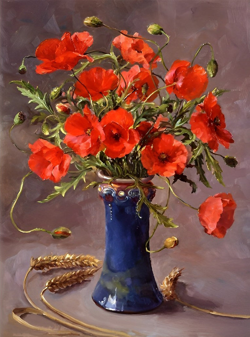 Coquelicots Rouges et beau Vase Broderie Diamant