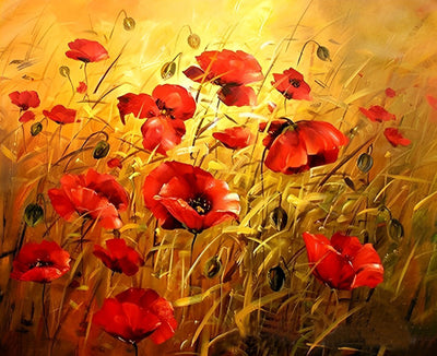 Coquelicots Rouges et Herbes Jaunes Broderie Diamant