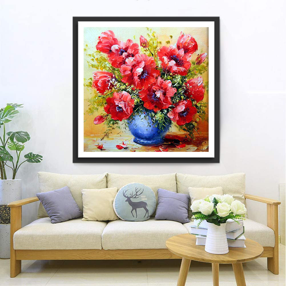 Coquelicots Rouges et Vase Bleu Broderie Diamant